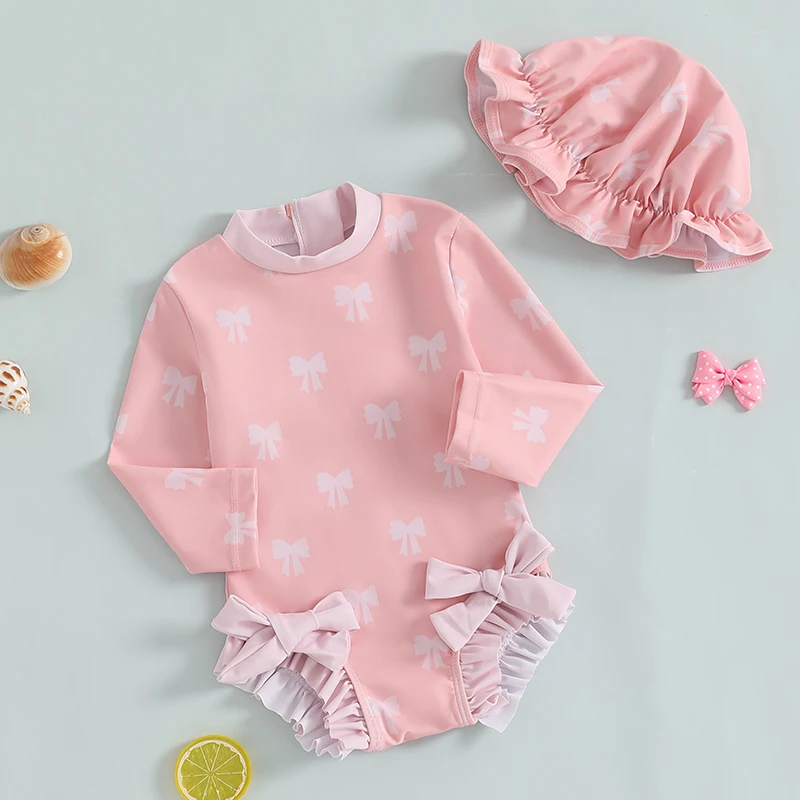 Maiô de proteção contra queimaduras para bebês de 3 meses a 3 anos, manga longa, estampa de laço, babados, monokini, roupa de banho infantil com chapéu de sol