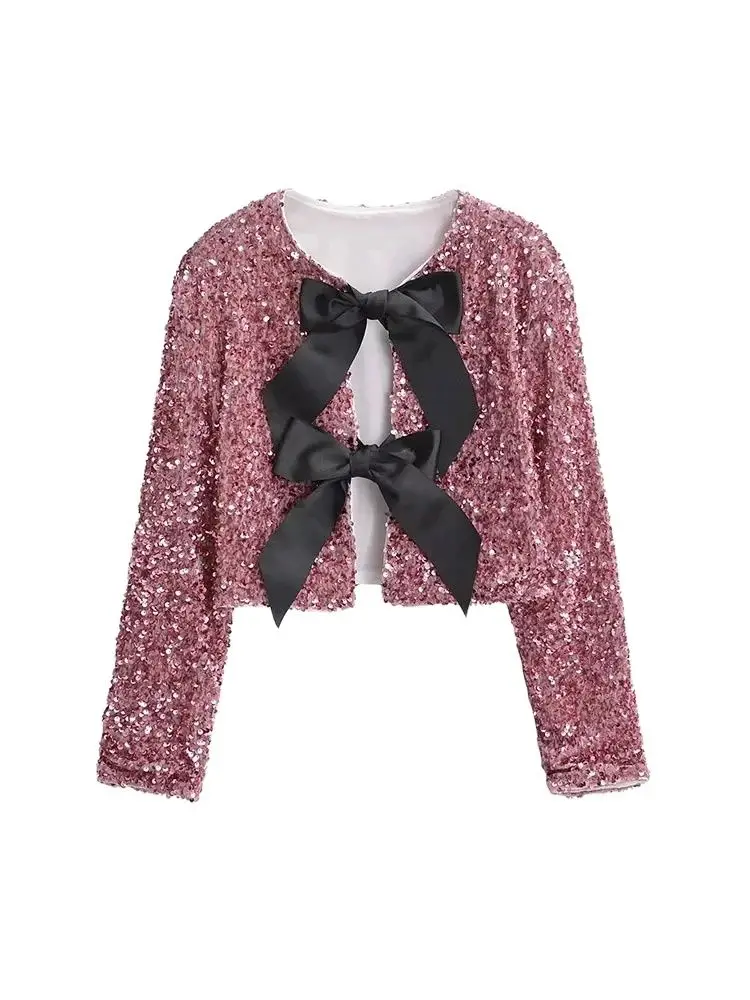 TRZA-veste courte à paillettes à manches longues pour femmes, manteau à col rond, vêtements d'extérieur pour femmes, hauts chics, nœud noué