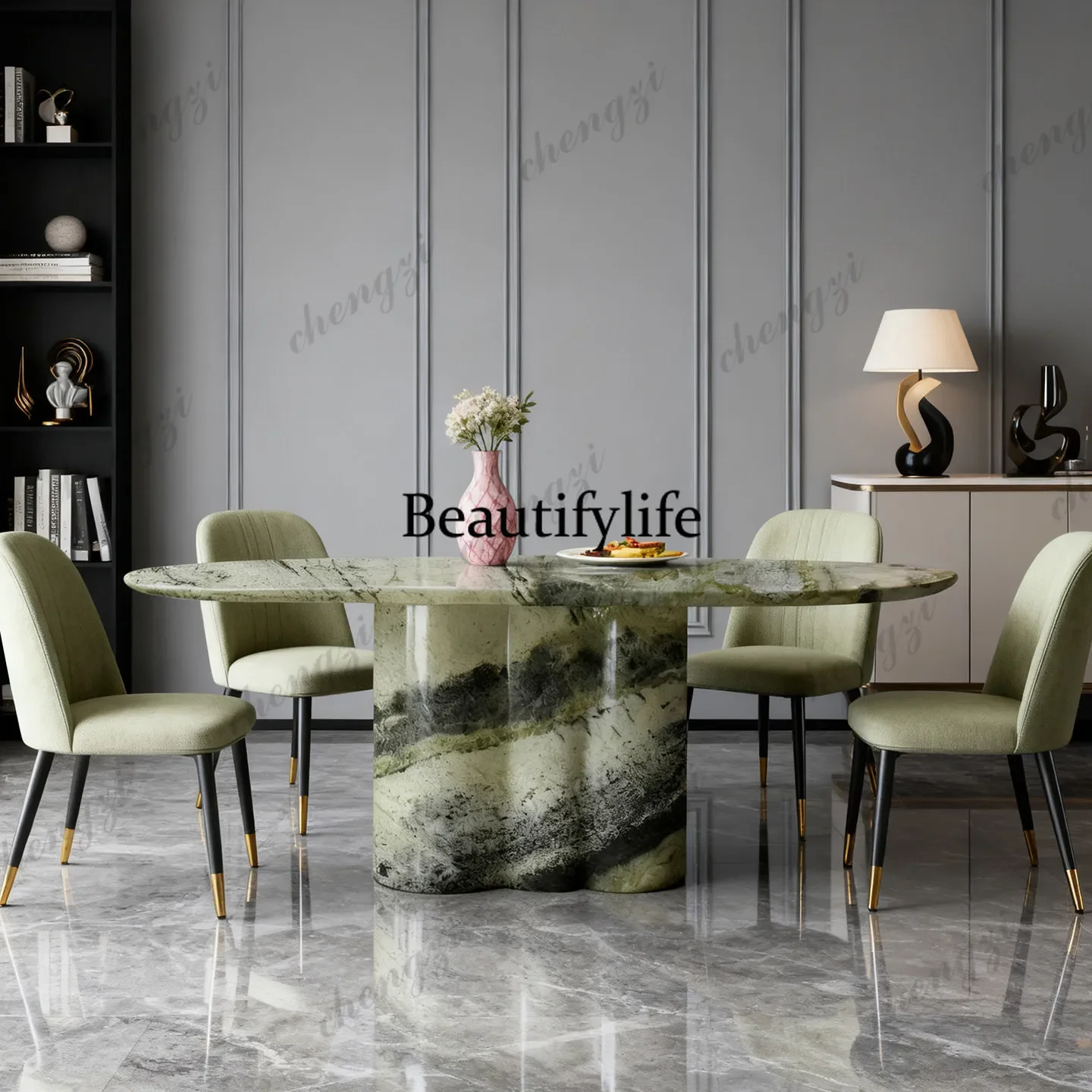 P182 P182 Italian high-end oval dining table, natural marble villa model dining table, luxurious feel