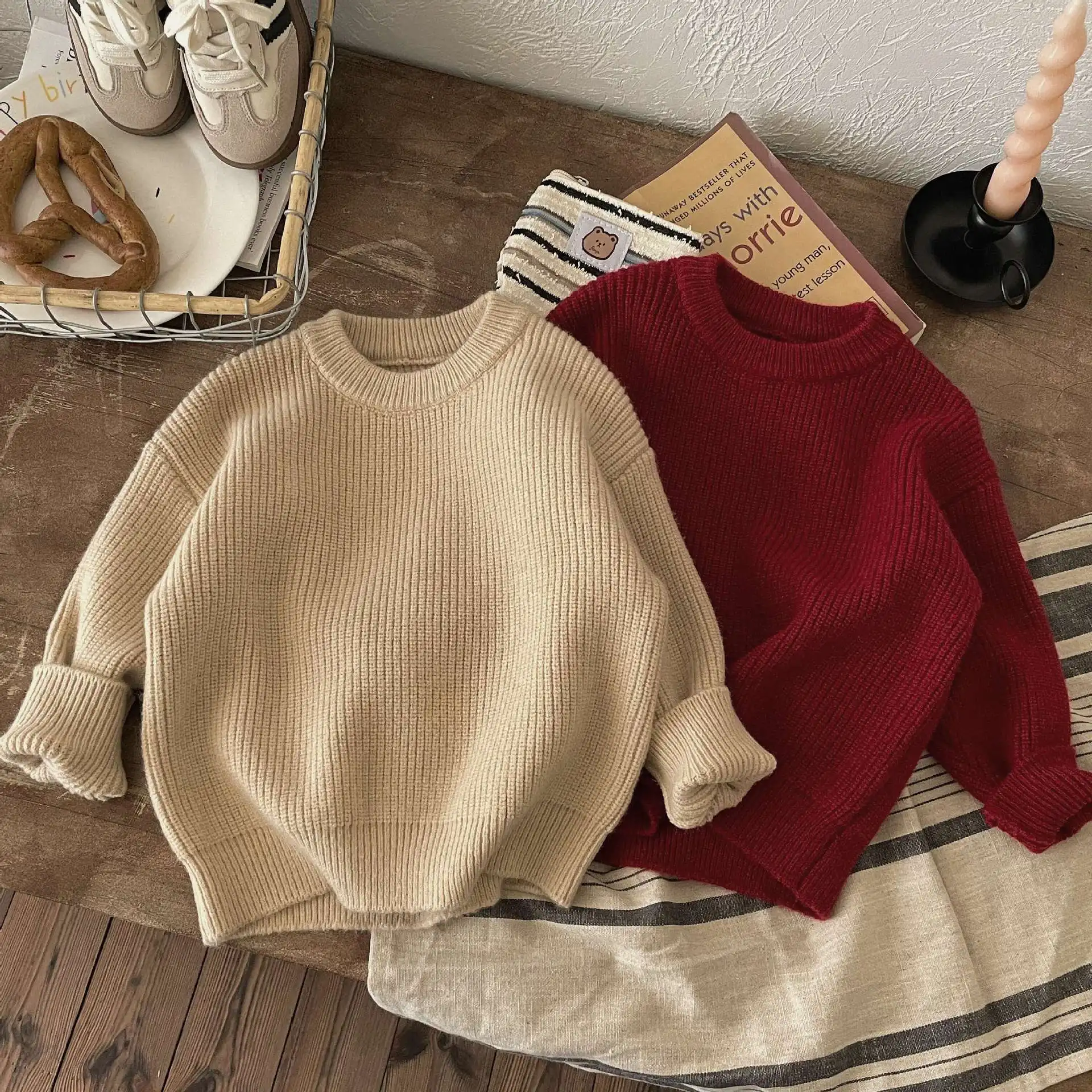 2025 Autumn & Winter Red Kids Sweater, Solid Color Loose Knit, Warm & Thick Pullover for Boys & Girls, Versatile and Cozy