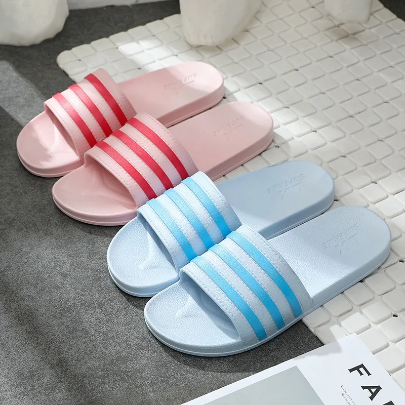 Unisex Slippers Women New Colorful Striped Slippers Men Size 36-45 Couple Beach Sandals PVC Non-slip Flat Home Bathroom Slippers