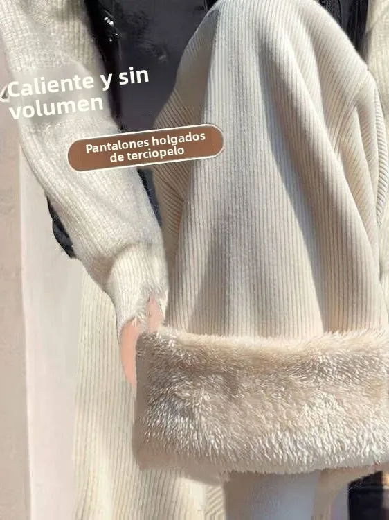 Pantalones anchos de pana gruesa de terciopelo de cordero para mujer, informales, de moda para otoño e invierno, talla grande...