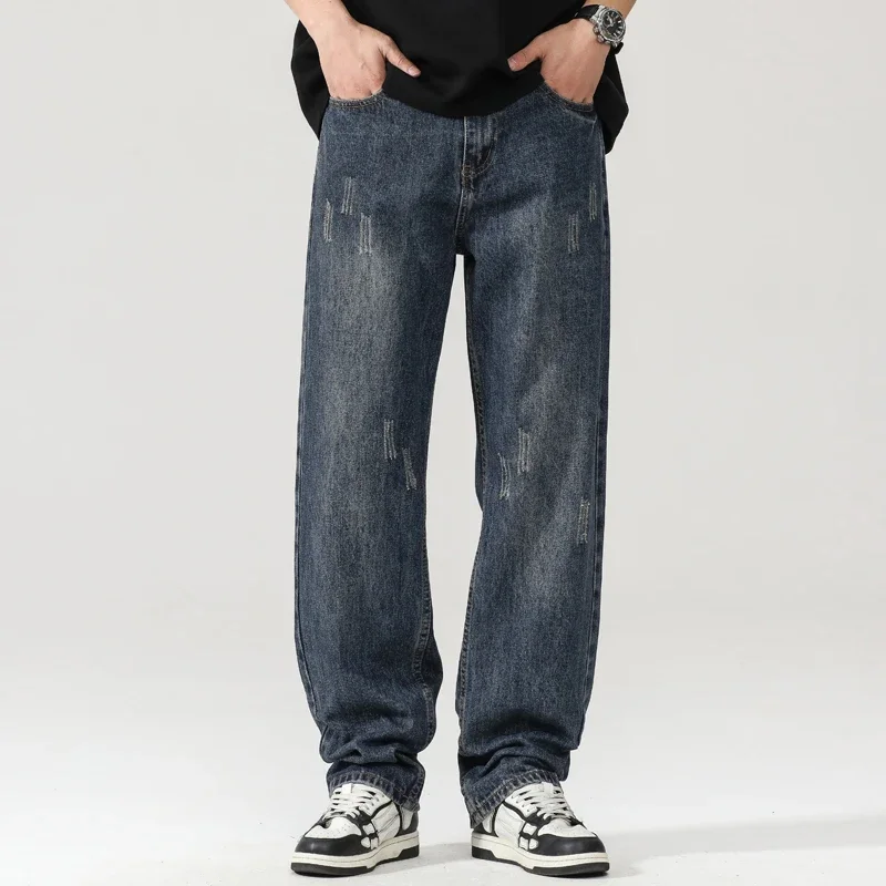 

American Style Vintage Washing Distressed Jeans Men Trendy Loose Fit Straight Leg Wide Leg Casual Trousers New Arrival Spring