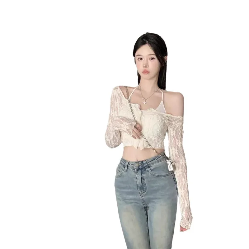 Long Sleeved V-neck Lace Sun Protection Knitted Sweater Women Pure and Lustful Temperament Slim Fit Slim Appearance Cardigan Top