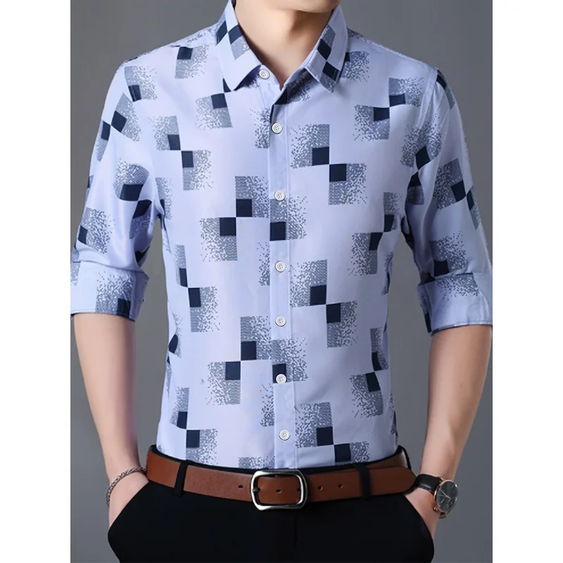 Men's Spring Autumn Geometric Print Long Sleeve Shirt Turn Down Collar Polyester Casual Business Office Top