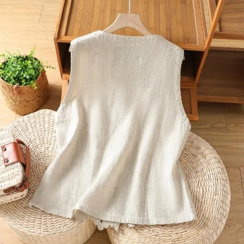 Women's Vest 2026 Solid Color Round Neck Single-breasted Ladies Waistcoat Coat High-end Embroidery Female Outerwear