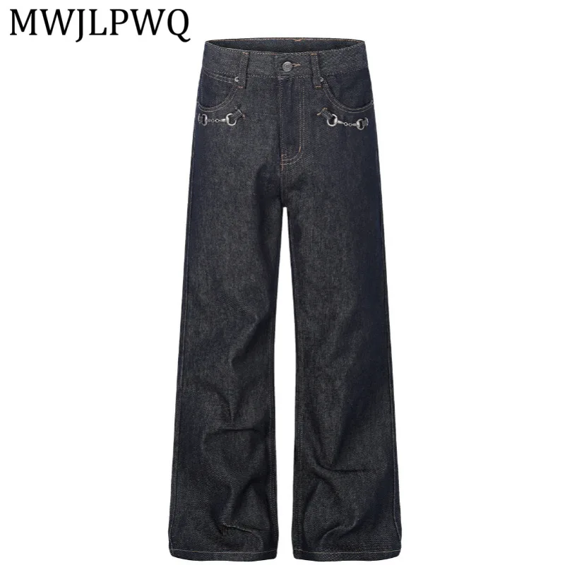 

MWJLPWQ American-Style Street Metal Buckle Straight-Leg Jeans For Men And Women Loose Wide-Leg Versatile Casual Trousers 16088
