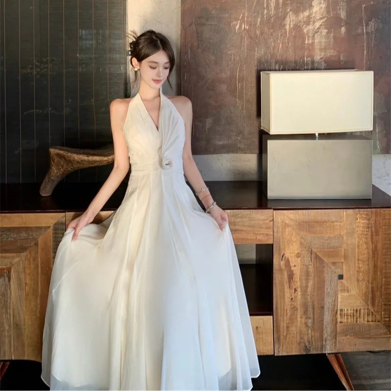 Abito Lungo da Cerimonia in Pizzo Floreale Bianco, Stile Dr. Vaion, Vita Alta, in Fibra di Poliestere, Ciwalk