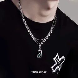 Titanium Steel Double Layer Green Zircon Necklace For Men Women Fashion Square Pendant Spliced Bead Chain Male Kpop Jewelry