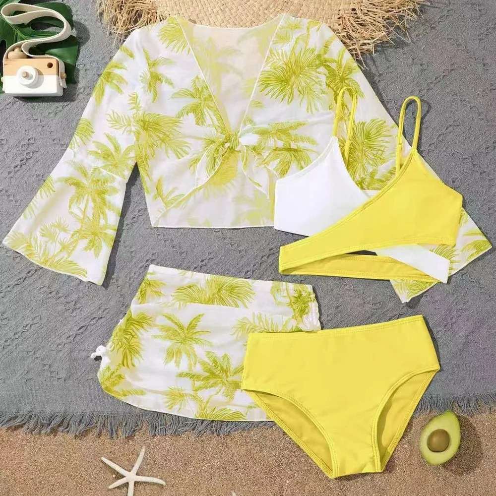 4-Piece High-Waist Girls Swimsuit Set Multi-Color Split Bikini Beachwear For Teens 2 Pieces Tankini Swimsuits Women Biquinis Set