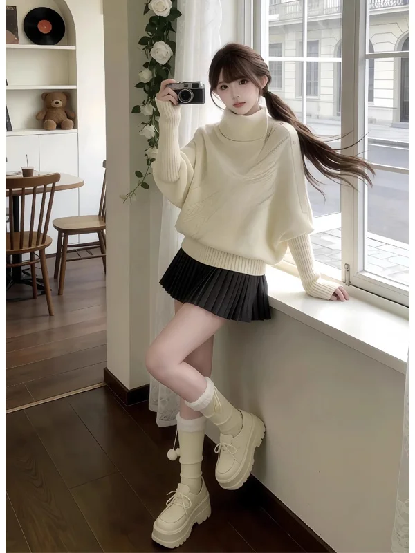 

Korean Sle High Collar Knitted Sweater And ort Skirt Two Piece Set for Women Comfortable Slimming Autumn Winter Faion