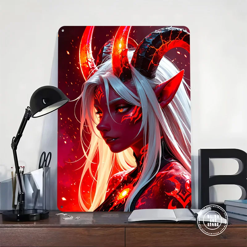 Red-Skinned Demon Woman With Horns 3D Texture Metal Poster Customized Wall Art Tin Sign Gift for Mancave Home Decorations Decor