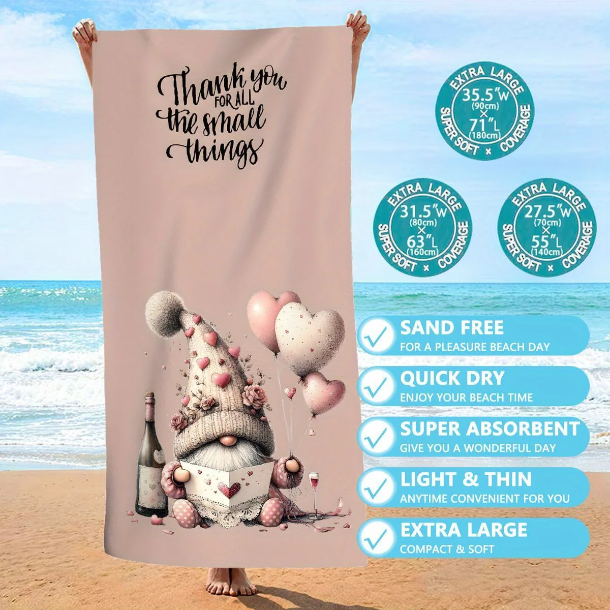 قطعة واحدة من من منشفة الشاطئ المصنوعة من الألياف الدقيقة سريعة الجفاف - تصميم "شكرًا لك على جميع الأشياء" مع جنوم وقلوب، خفيف الوزن وماص لـ Poo #3
