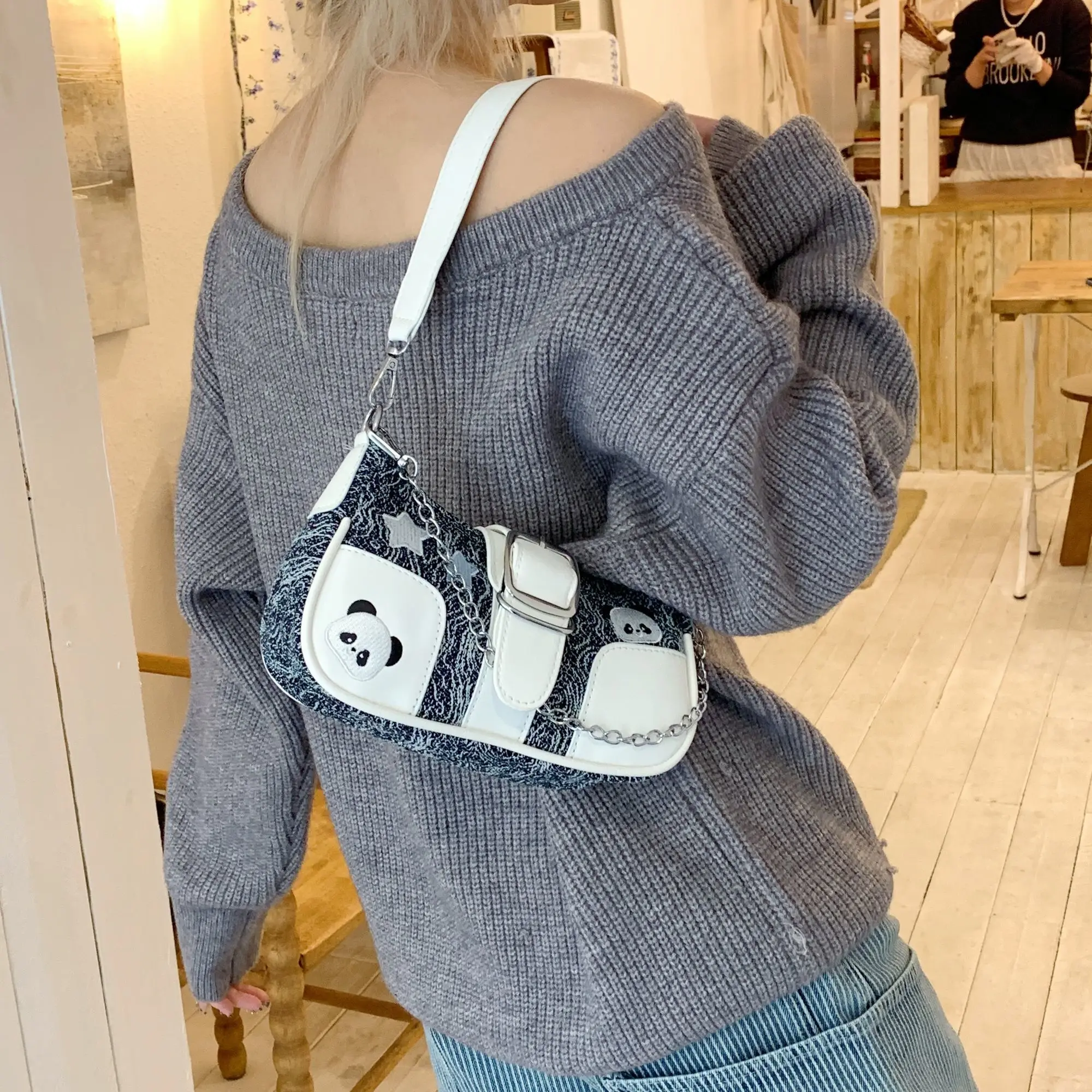 

HAEX Y2K Handbags Women 2025 Chinese Style Panda Patchwork PU Underarm Shoulder Bag Punk E Girl Chains Aesthetic Bolso Mujer