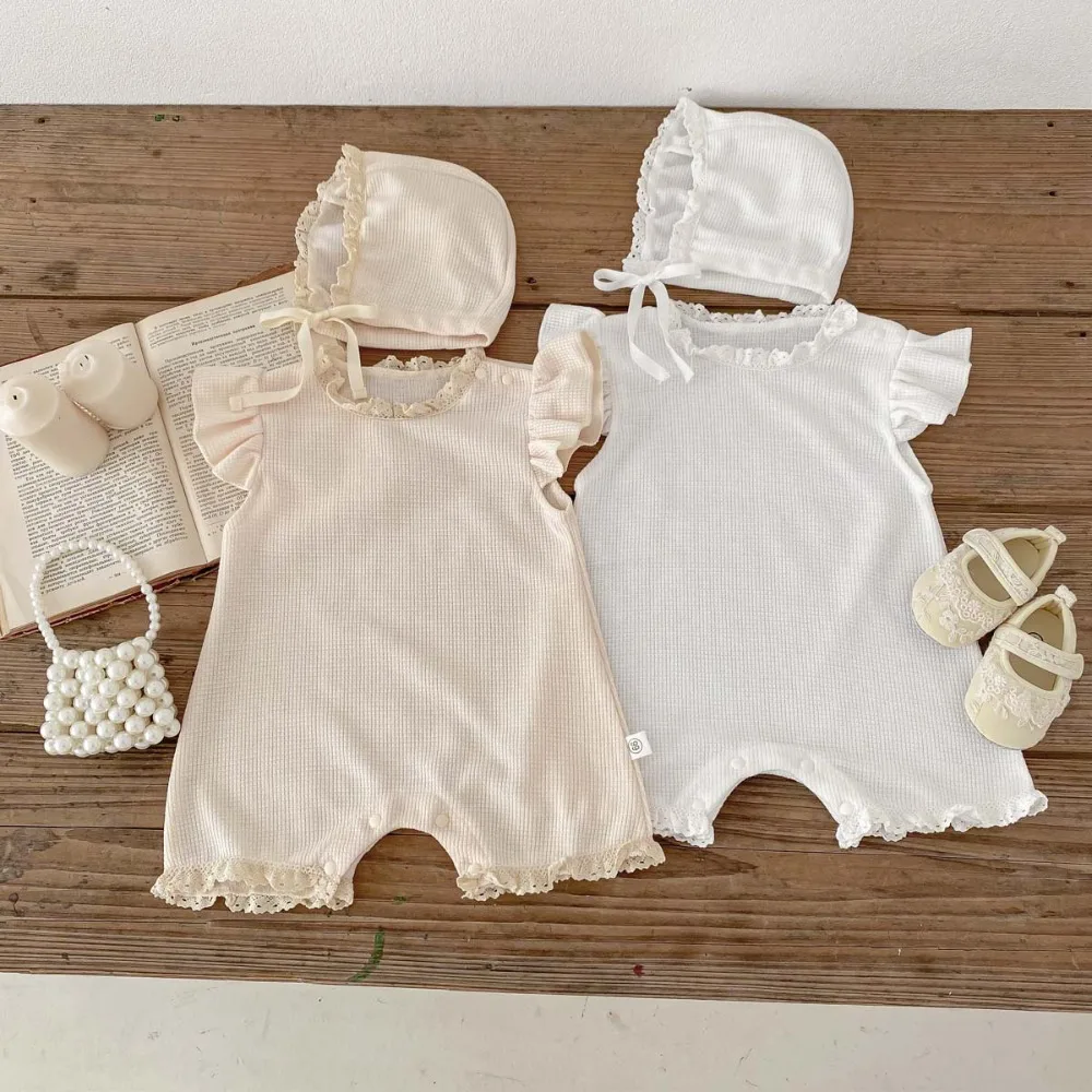INS Summer Baby Girl Romper 0-2Years Casual Newborn Solid Color Waffle Pattern Cotton Jumpsuit Hat 2PCS Outfits Clothes