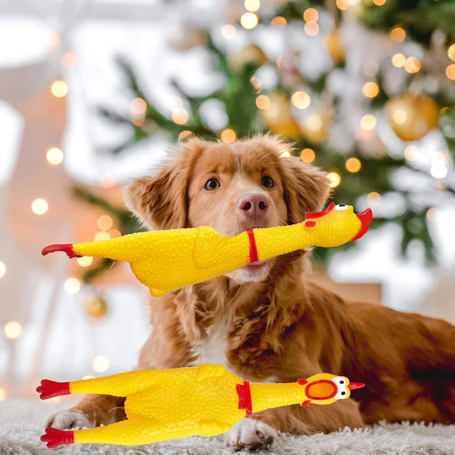 S/M/L Quietschendes Huhn aus Gummi, Schreihhuhn-Hundespielzeug, gelbes, kreischendes Huhn aus Gummi, Kauspielzeug für Hunde und Schleifen, Streichmacher