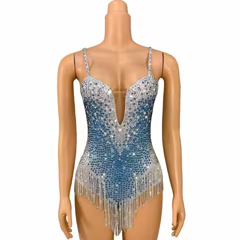 Blingbling Fashion Perform Clothes Luxury Rhinestones Crystal chains V-neck Leotard Party Dancer Singer Stage Costume Bingqilin