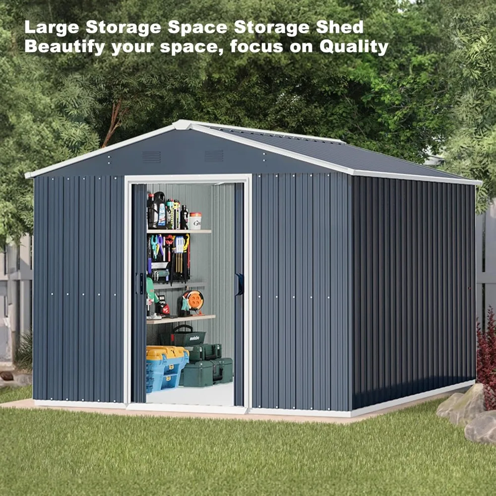 10X8X6 FT Outdoor Storage Shed, Utility Steel Tool Storage with Sliding Door and Air Vents, Metal Bike Shed for Garden, Backyard