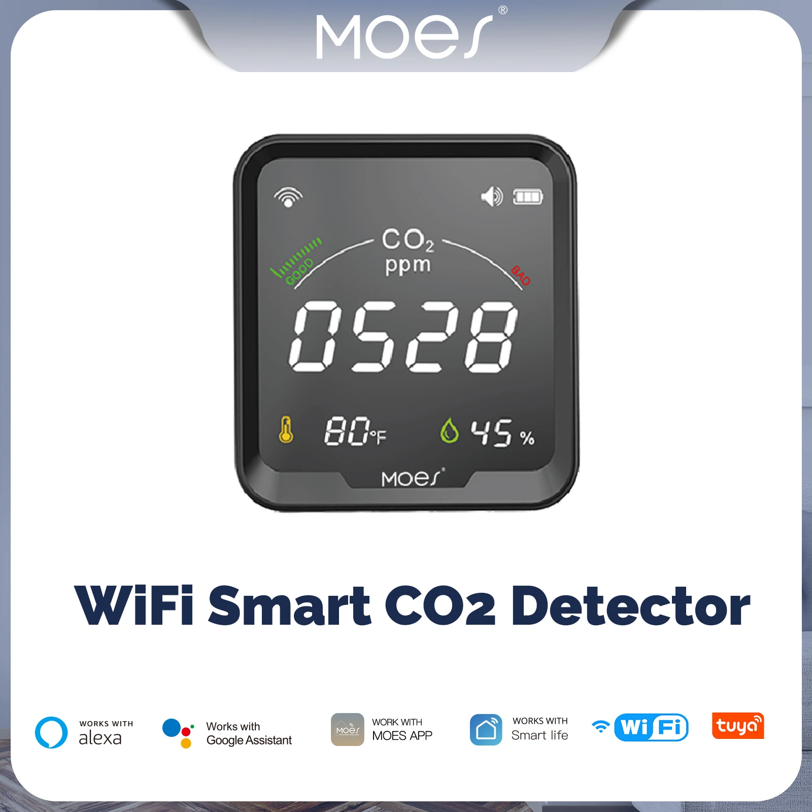 MOES Air Quality Carbon Dioxide Detector with Alarm Clock,Temperature Monitor,Humidity Air Tester,WiFi/BT,Tuya Smart,3 in 1,CO2