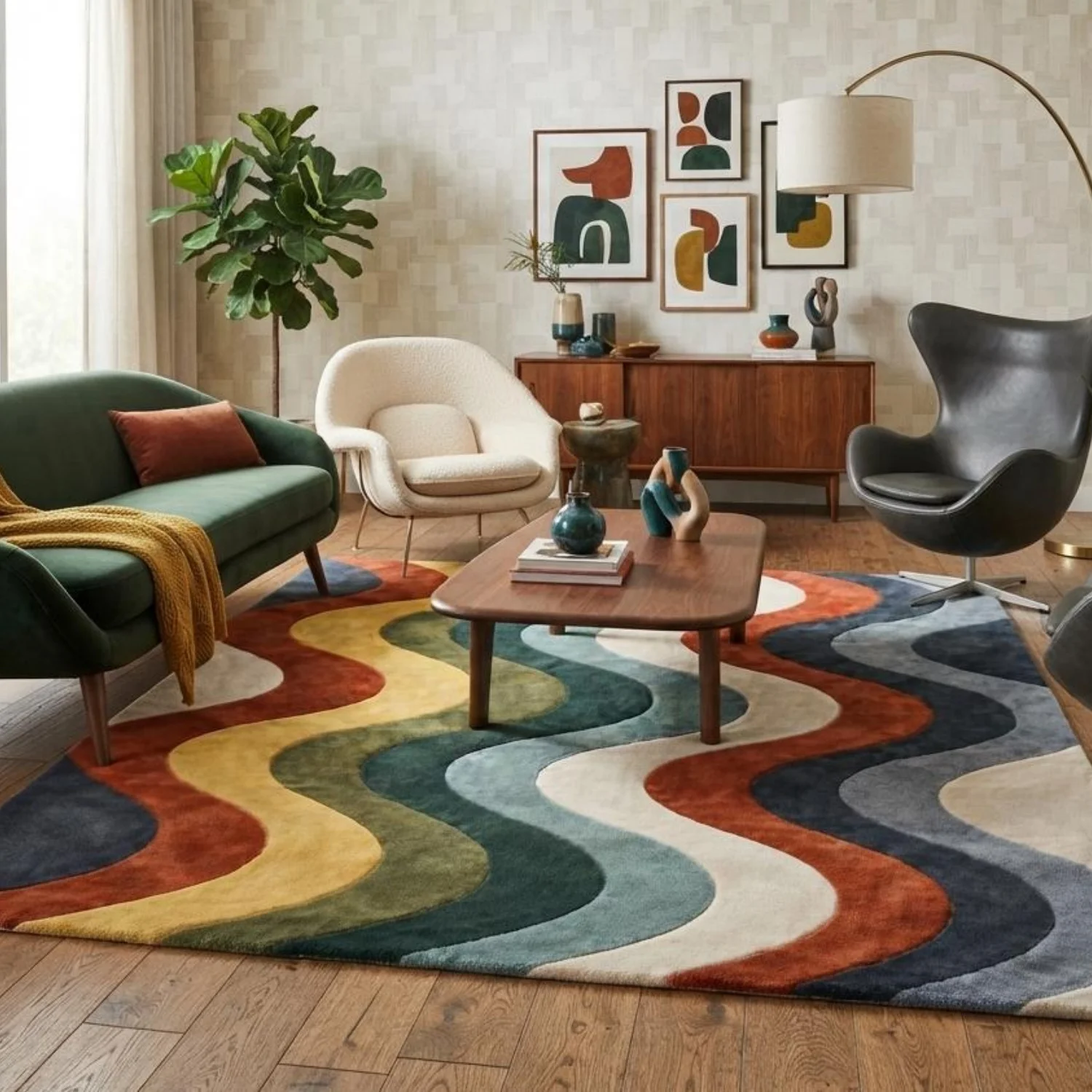 Room Decor Rug  10x14ft Earthy Tone MidCentury Modern H1and Tufted Wool Rug, R Abstract Wavy Floor Art for Living Room and Bedroom
