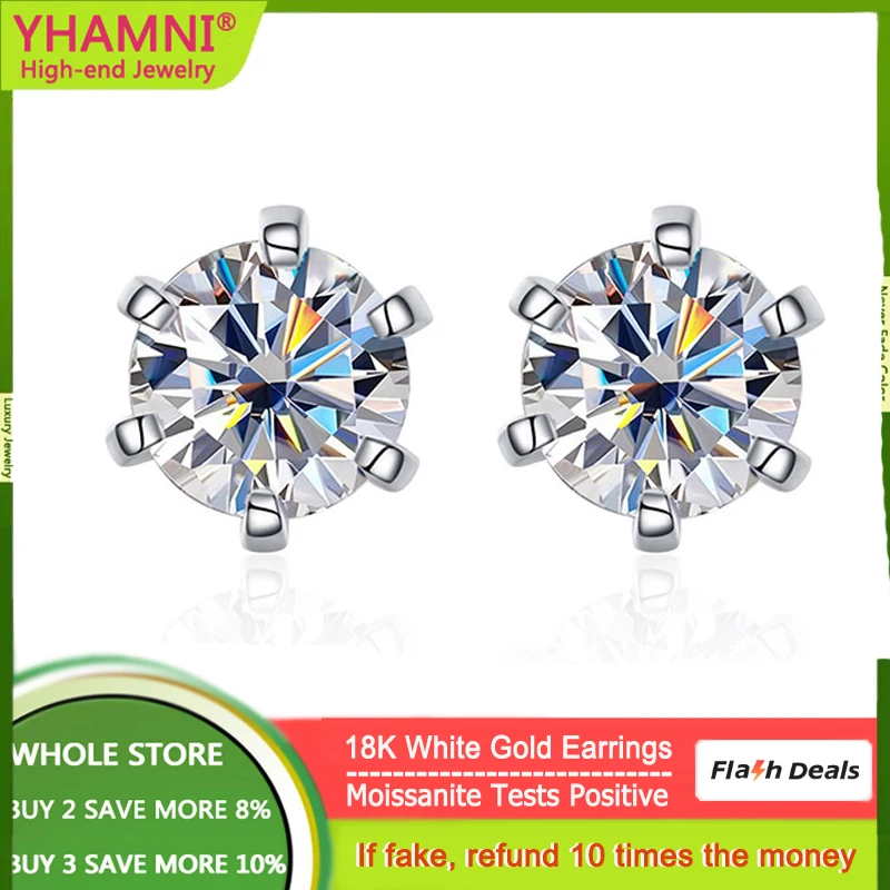 

YHAMNI Luxury 18K White Gold Wedding Earrings GRA Certified Test Passed Moissanite Diamond Stud Earrings for Men Women Bride