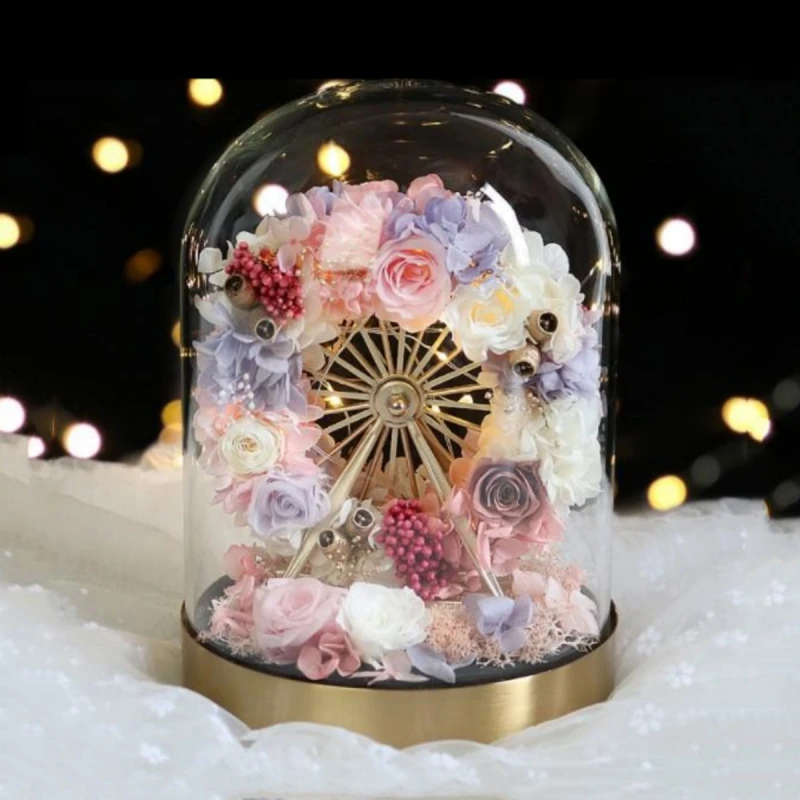 15*22cm Big Glass Dome Wedding Souvenir Luminous Metal Gold Base Preserved Flower Transparent Cover Home Deocration DIY Gift