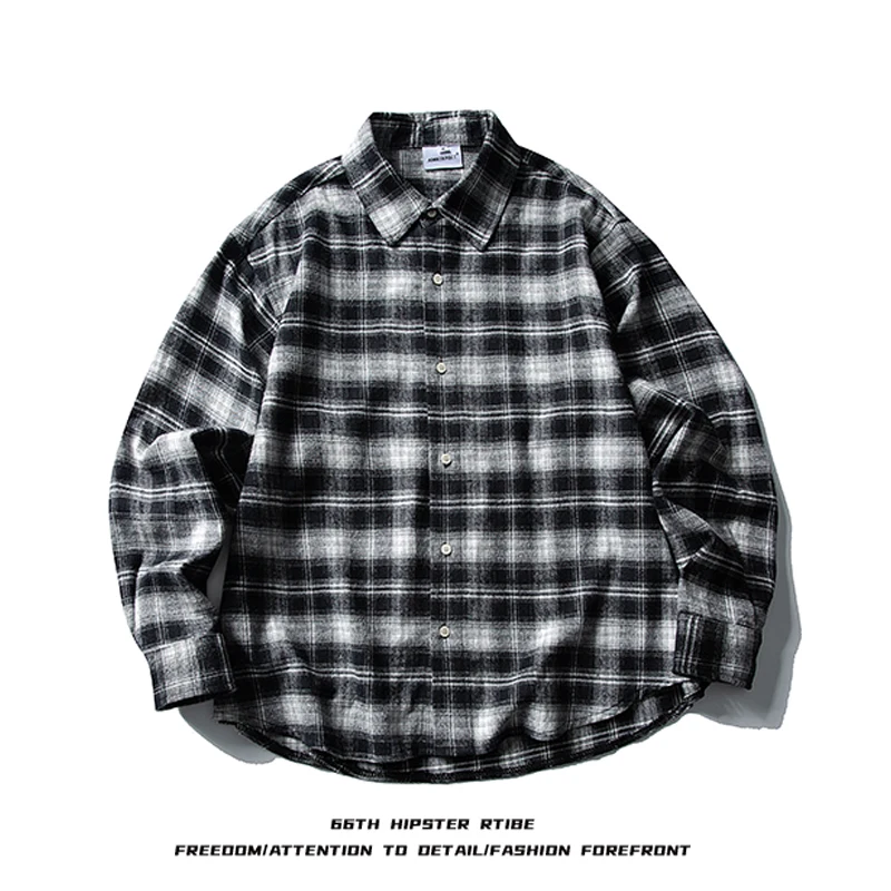 

Американская повседневная рубашка в клетку контрастных цветов из чистого хлопка с длинным рукавом, мужская осенняя рубашка для пар, свободного кроя, в уличном стиле