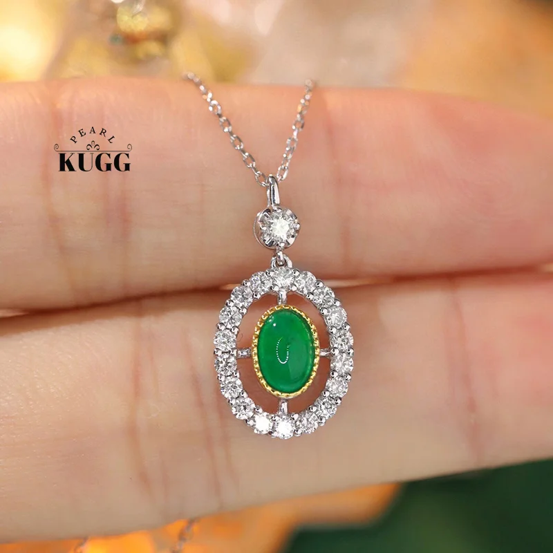 KUGG 100% 18K White Gold Necklace Luxury Diamond Natural Emerald Pendant Necklace for Women Classic Design High Party Jewelry