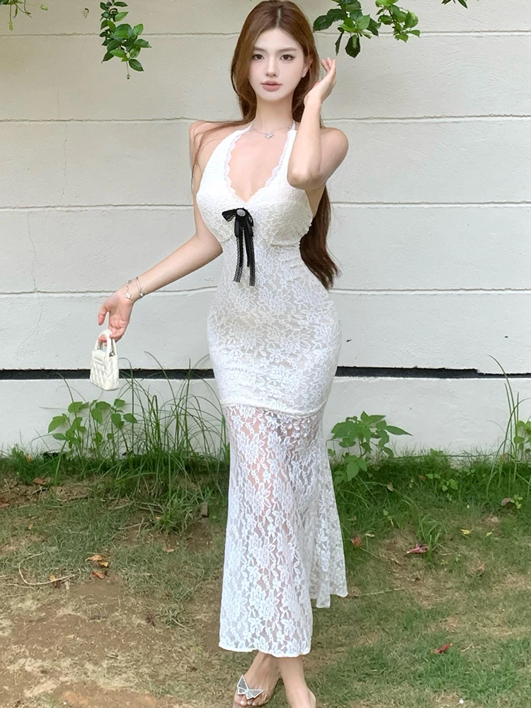 2025 Wit Kant Jacquard Chic Boog Hals Gemonteerde Sexy Jurk Vrouwen Elegante Bodycon Verstoorde Maxi Jurk Zomer Koreaanse Luxe vestidos