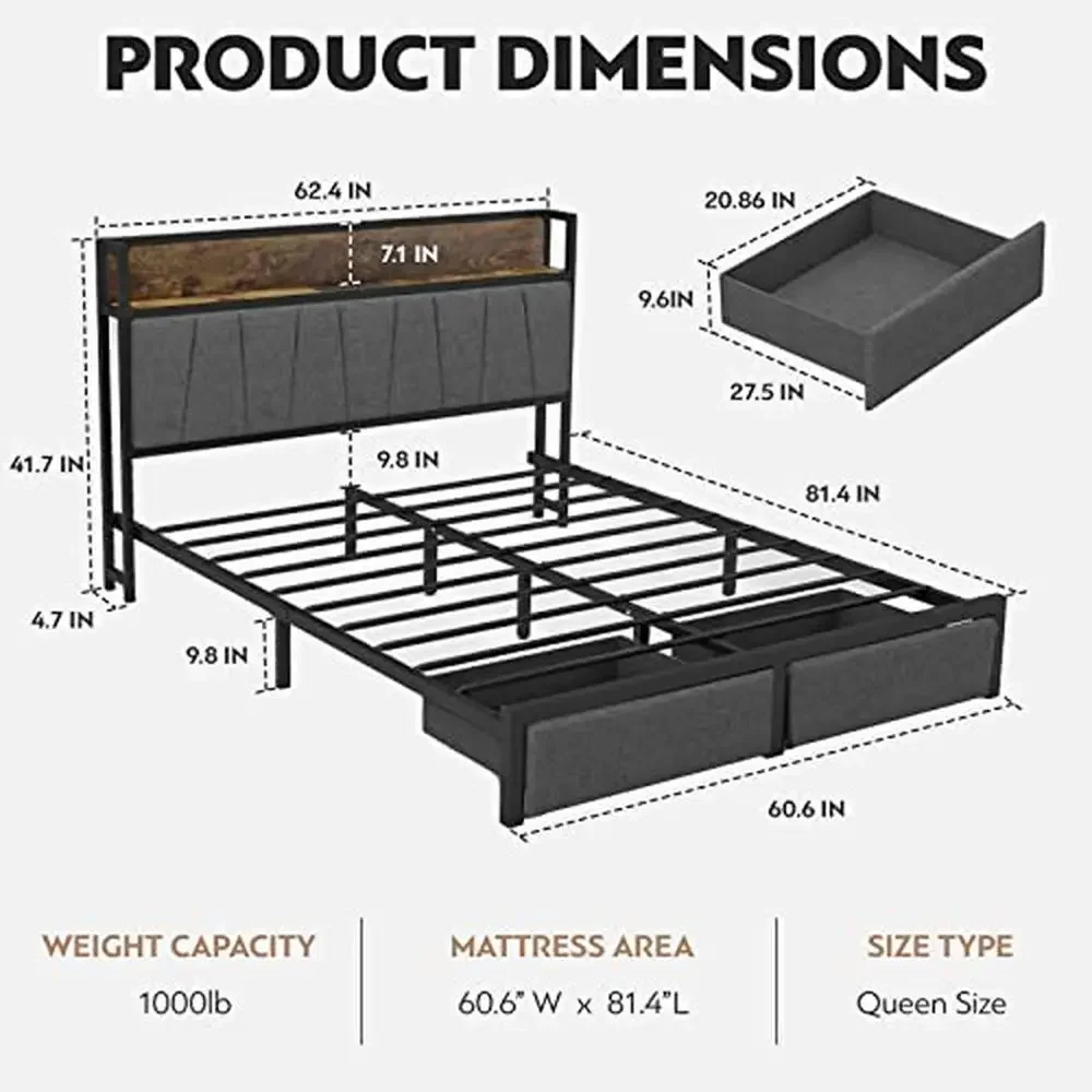 Storage Bed Frame with Headboard Charging Station LED Lights Modern Platform Queen Bed with Drawers Squeak Resistant Adjustable