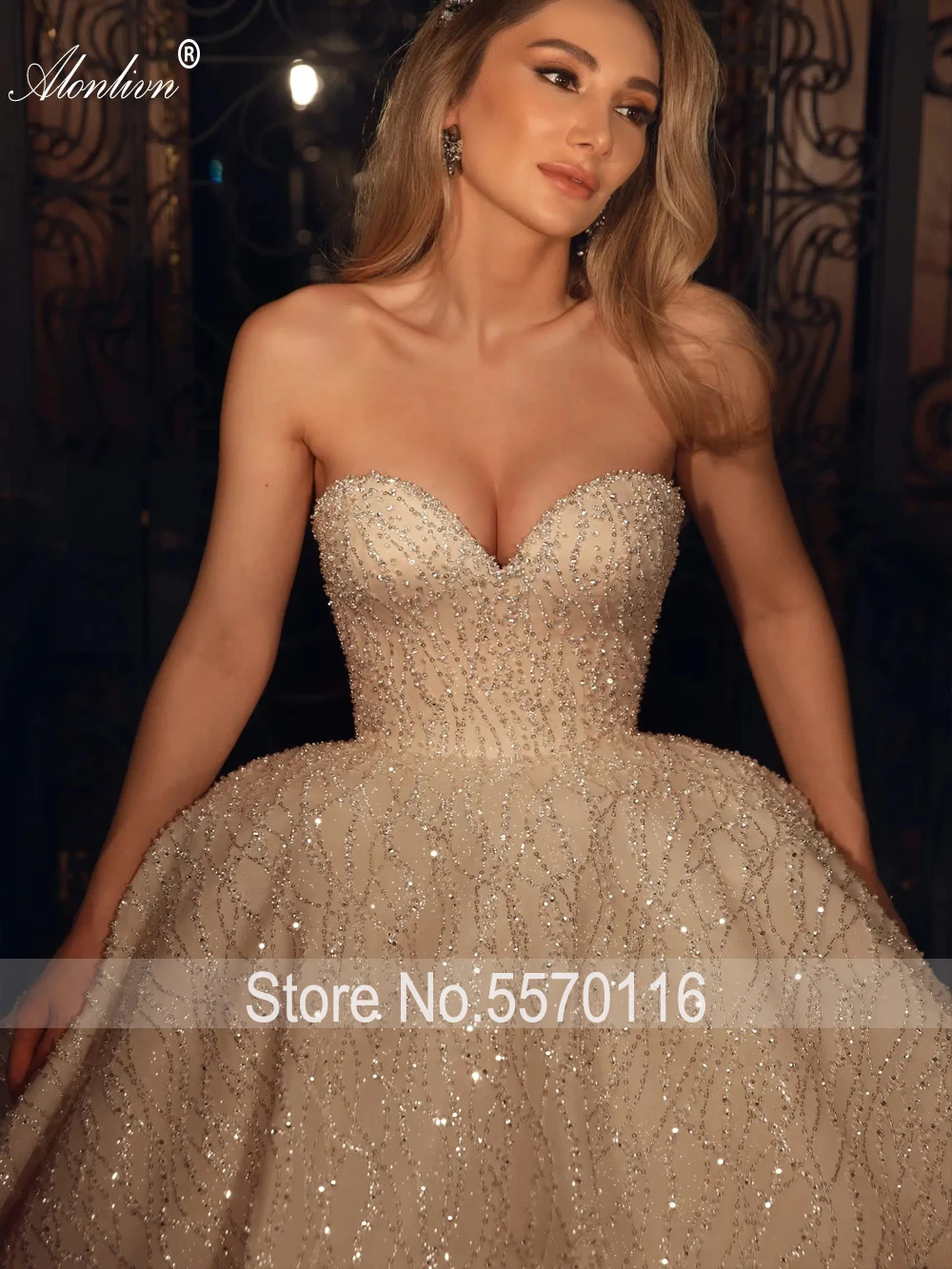 Alonlivn Princess Wedding Dress Graceful Beading Embroidery Lace Off Shoulder Sleeveless Bridal Gowns Vestido De Noiva