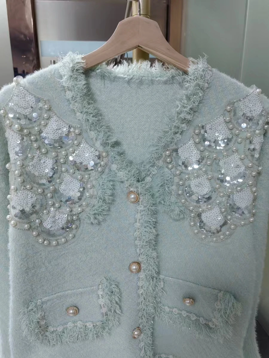 Real Photo Luxury Pearls Beaded Sequined Stitch Knitwear Cardigan Coat For Women 2024 Autumn Winter Sweater Outwear Jackets