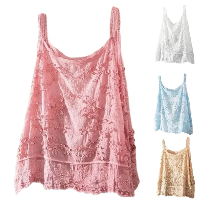 

Lace Cutout Tanks Top Embroidery Jacquard Flower Cotton Camisole Vest for Ladies