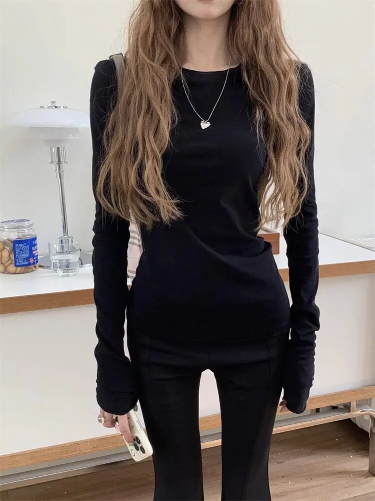 Zjaiss 2026 Spring Casual Lazy Style Women's Long Sleeve T-Shirt Fashion Elegant Inner Wear Basic Top Rolled Edge Slim Fit Tee