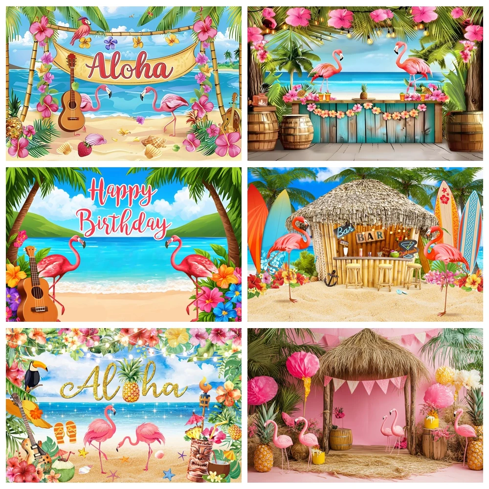 Fondo de flamenco Luau Aloha de verano, playa, playa, palmeras tropicales hawaianas, tabla de surf para acampar, fondo de fotografía para fiesta