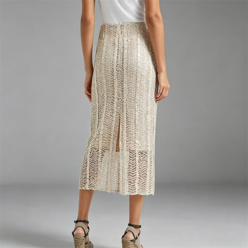Summer 2026 Women's High Waist Shiny Embellished Midi Half Skirt High Quality Fashion Casual Linen Blend Hollow Straight Skirt