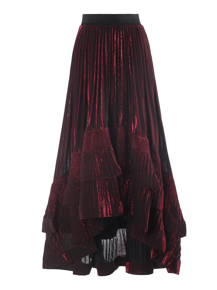 Glossy Sensation Elegant Irregular Montage Grand Skirt High Waist Skirt Thin Fold