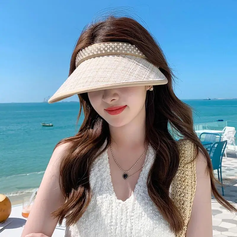 UV Protection Visor Hat Empty Top Wide Brimmed Sun Hat Pearl Design Female Sun Hat Hair Band Style Black Rubber Hat For Summer