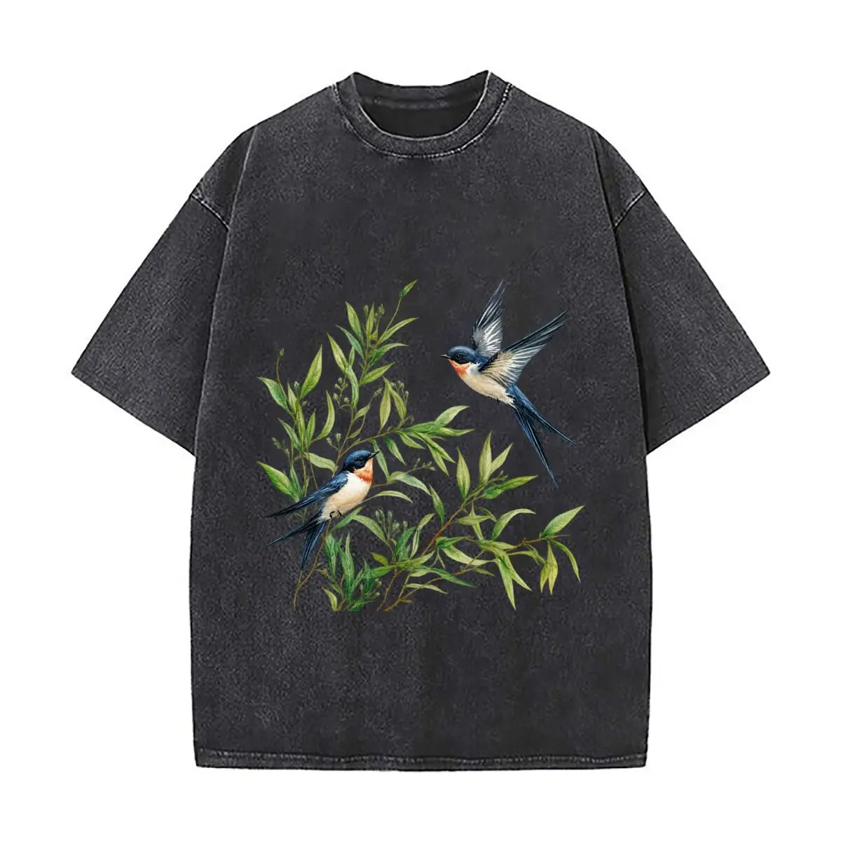Watercolor Swallow Birds Flying Among Willow Branches Botanical Design Washed Short Sleeve Loose Streetwear Tee Hip Hop
