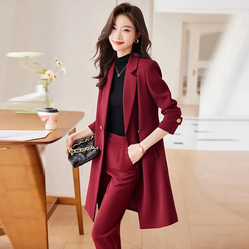 

2023 Autumn Winter Women's Pant Suit High-end Elegant Solid Color Double Breasted Slim Trench Coat New Female 2 Piece Blazer Set