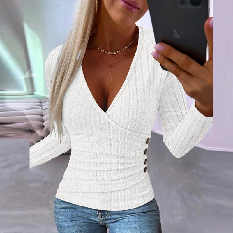 2023 Women Fashion Solid Color Ribbed Slim Tops Casual Basic Shirt Women Autumn Elegant Cross V-Neck Wrap T-Shirts White