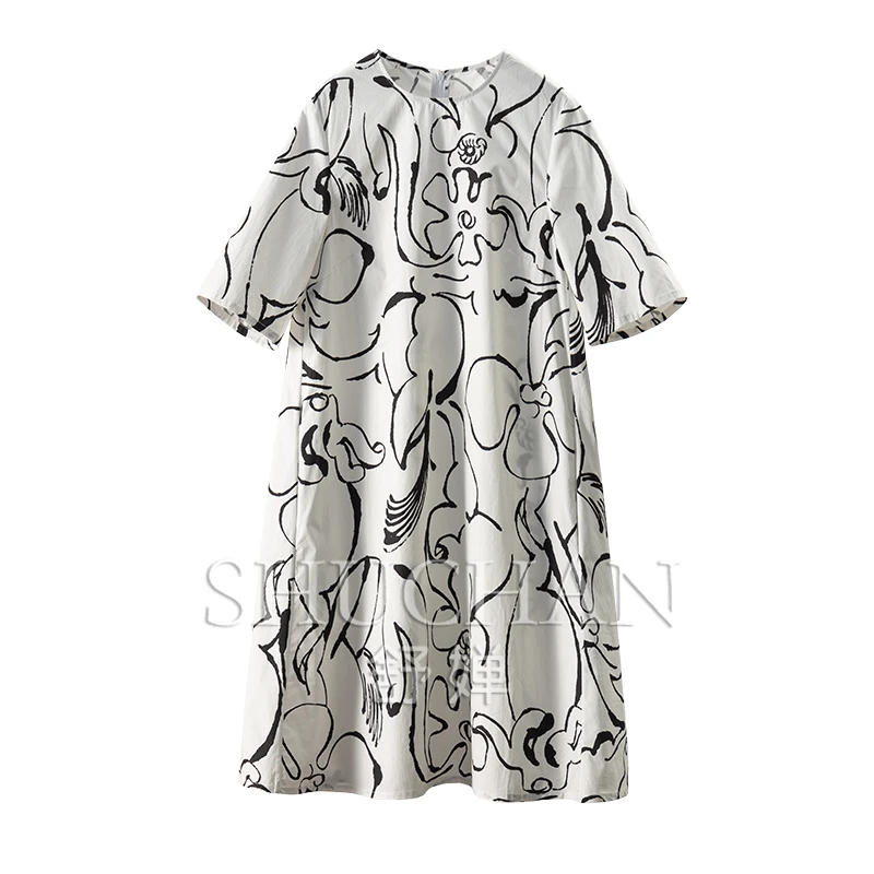 

Designer 100 Cotton Printed Crew Neck Dress Women 1Y78 Vestidos De Noche Juveniles Summer Dress Women