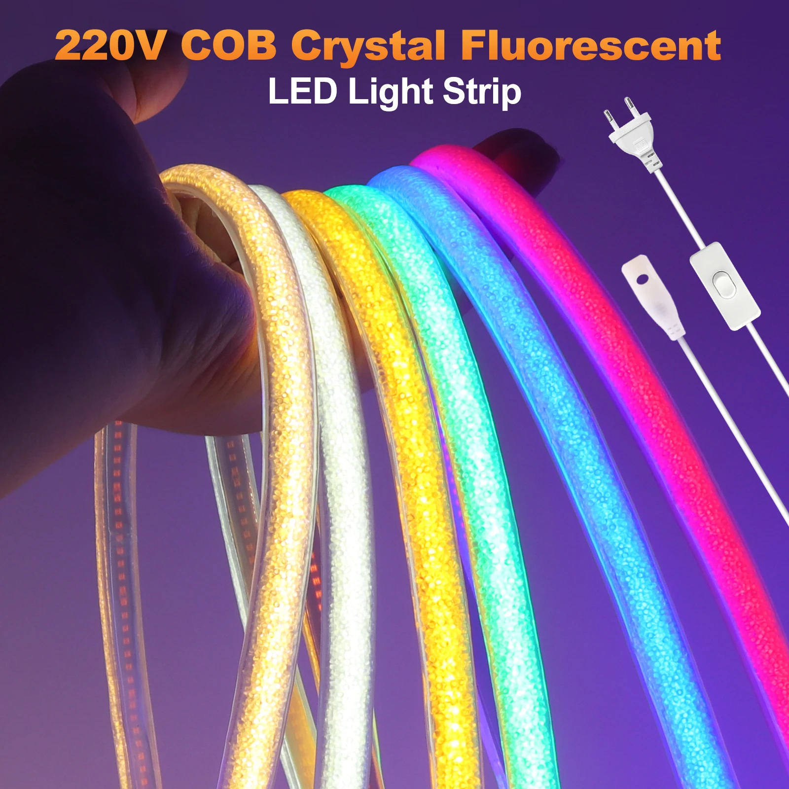 220V COB LED Strip Light with Switch 288Leds/m IP65 Waterproof Crystal Neon Light White/Warm/Red/Blue Flexible Ribbon Tape