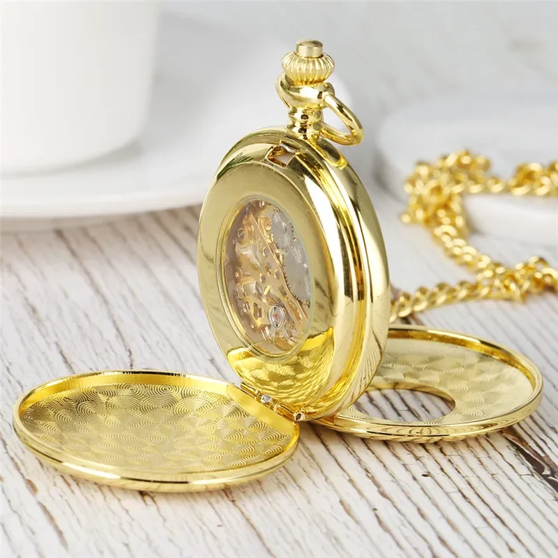 Luxury Yellow Gold Antique Hand Winding Mechanical Skeleton Pocket Watch Double Open Hunter Pendant Chain Hour Clock Gift Reloj