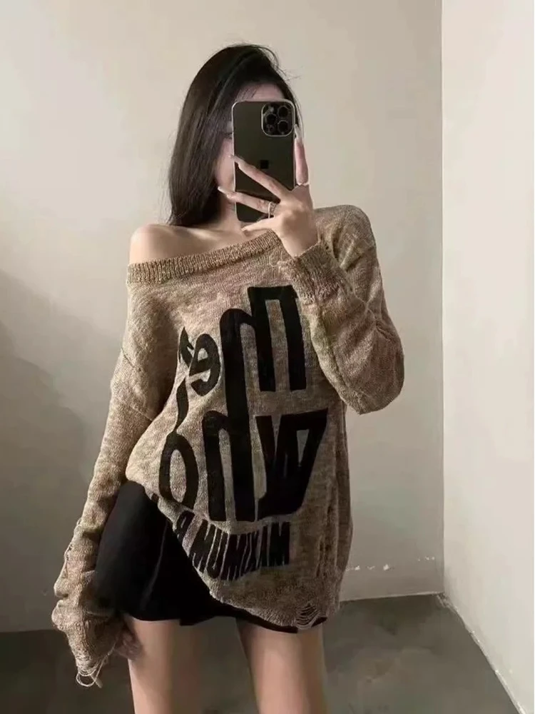 Maillard Retro Hollow-out Destroyed Wind Letters Sweater Women Autumn European Goods Mid-Length Oblique Collar off-Shoulder K...