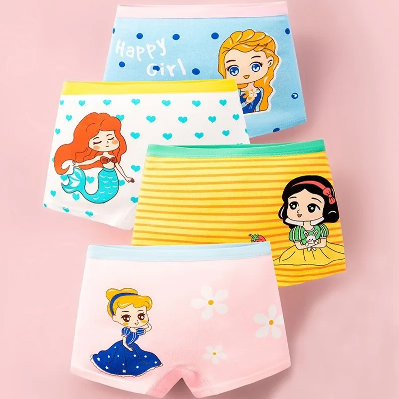 4-Piece High-Quality Cotton Girls Panties Soft Fit Children Underwear Beautiful Princess Mermaid Cartoon Print Girls Boyshorts
