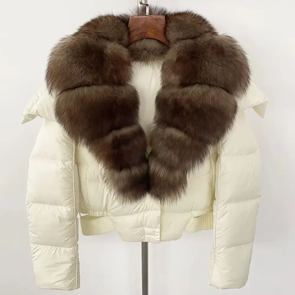 أسفل سترة المرأة الأبيض بطة أسفل معطف سميكة الدافئة ملابس خارجية الطبيعية ريال الراكون الثعلب الفراء طوق معطف 2024 جديد الشتاء مقنعين