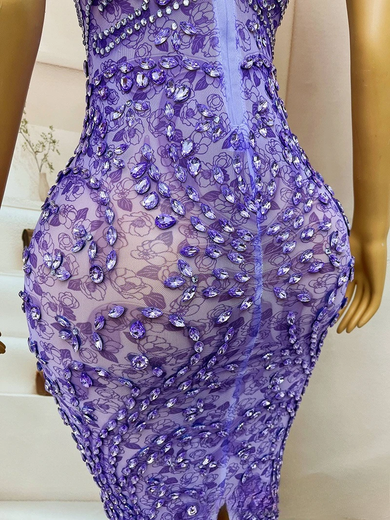 Fioletowa Sukienka na Szelkach z Siateczki z Cyrkoniami, Prześwitująca, z Drapowaniem, Modelka Dorosła, Sukienka na Wybieg, Modna Sukienka, Sukienki na Spotkanie Roczne, Wieczorowe, Ślubne