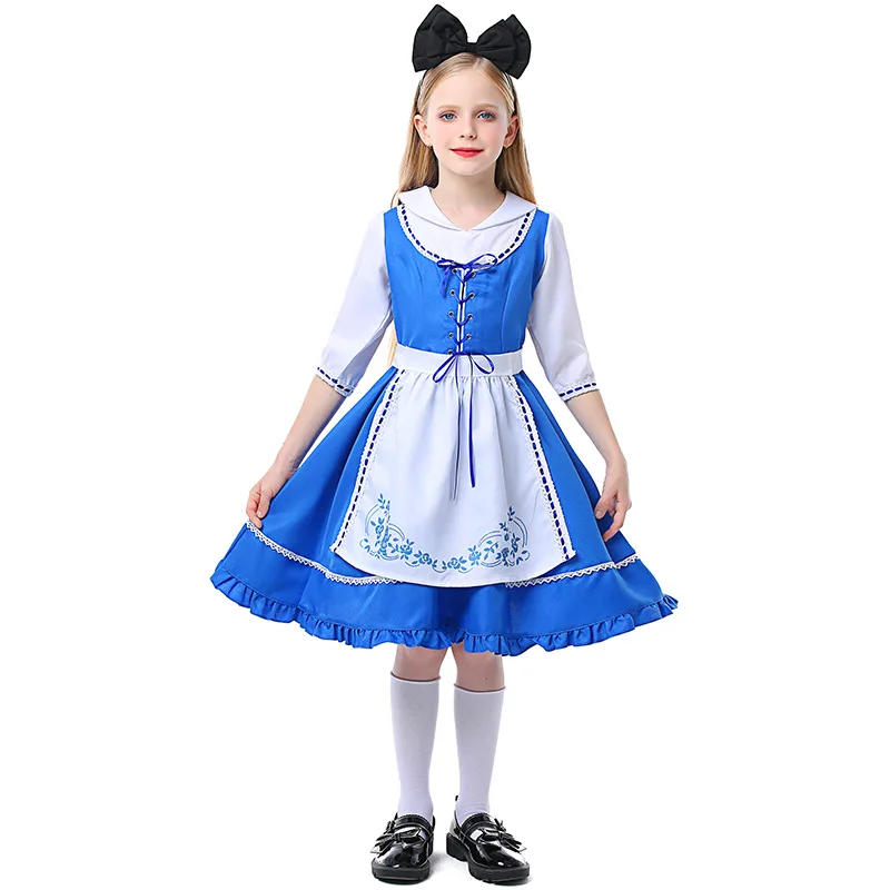 

Halloween children's festival costume Fairy Tale Story: Ranch Girl's Adventures in Wonderland Blue Embroidered dress set