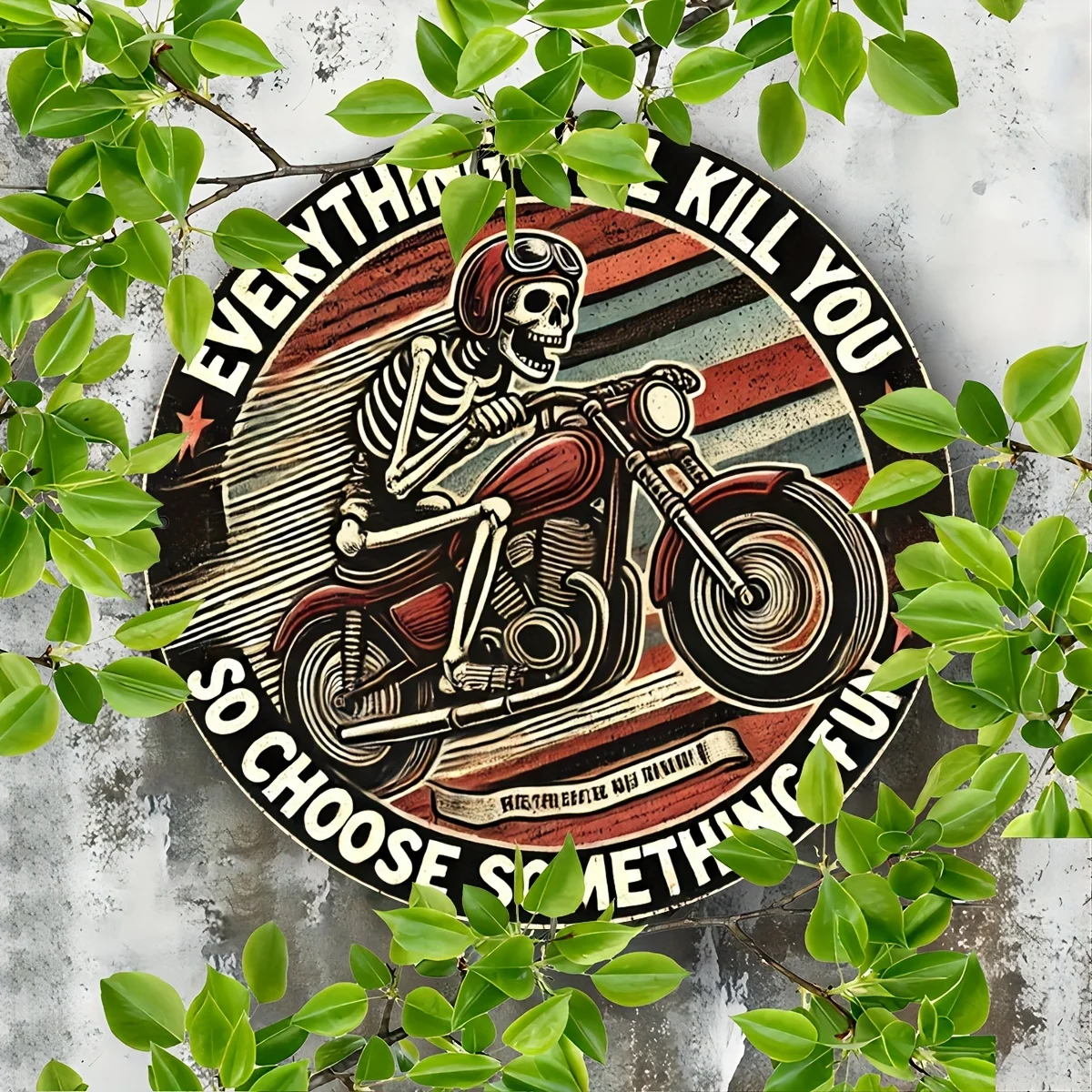 علامة قصدير معدنية عتيقة على شكل هيكل عظمي للدراجة النارية - قطعة واحدة من لوحات فنية جدارية من الألومنيوم، "كل شيء يقتلك حتى اختيار شيئًا ممتعًا"